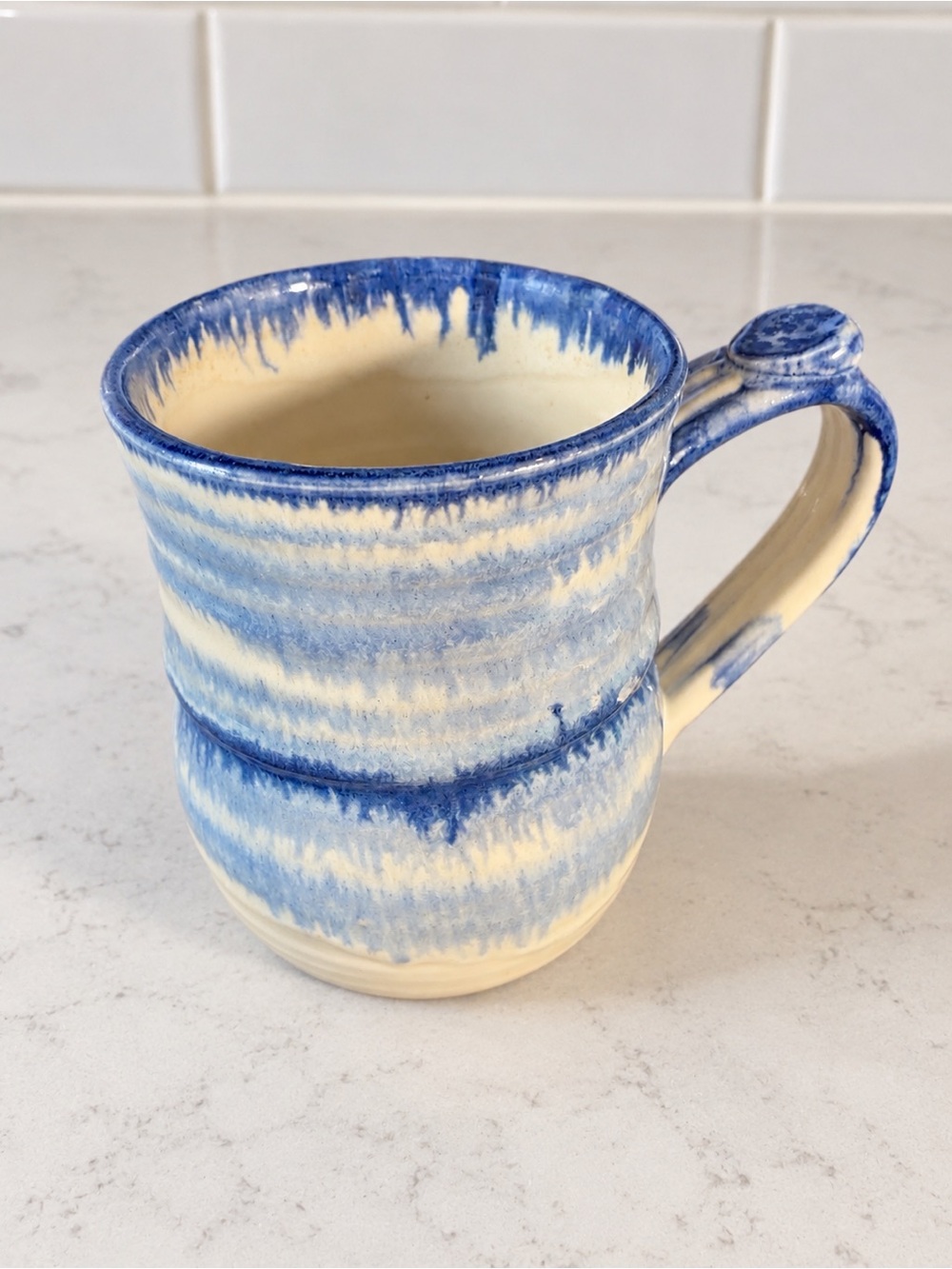 Signed Studio Pottery Mug Blue Cream Drip Glaze Handmade Thumb Rest